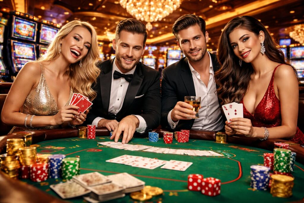 Elegant gekleidete Personen spielen Poker im Casino mit Karten und Spielchips