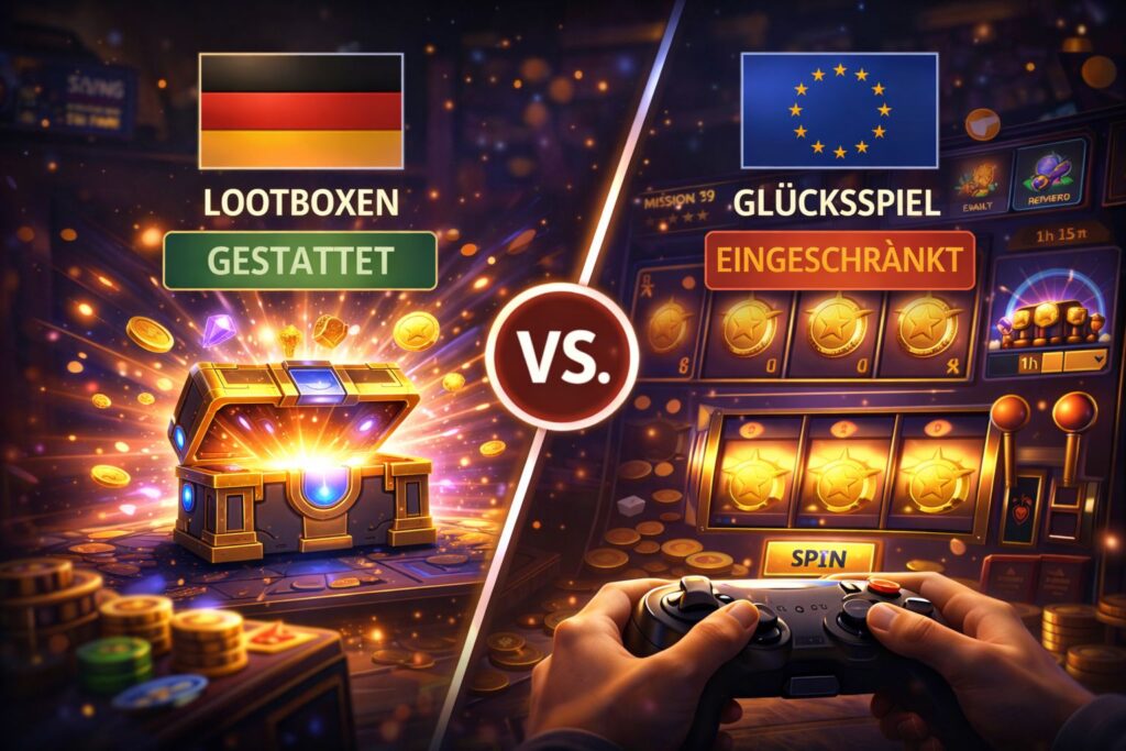Gegenüberstellung von Lootboxen in Videospielen und klassischem Glücksspiel mit rechtlicher Abgrenzung