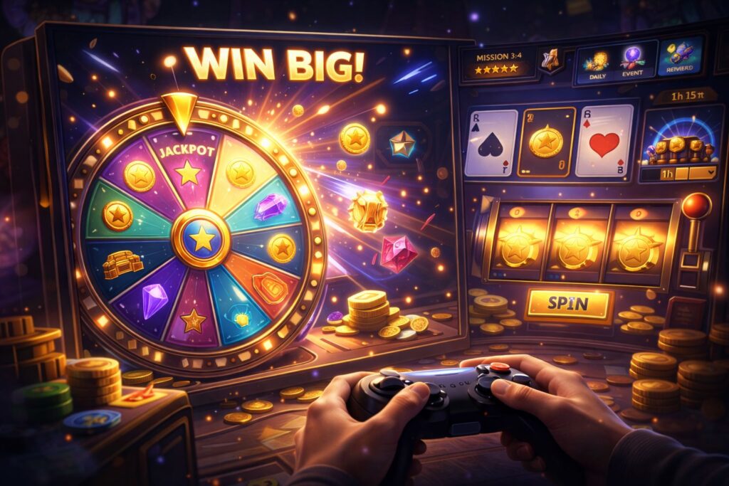 Minispiel mit Glücksrad- und Slot-Elementen in einem modernen Videospiel
