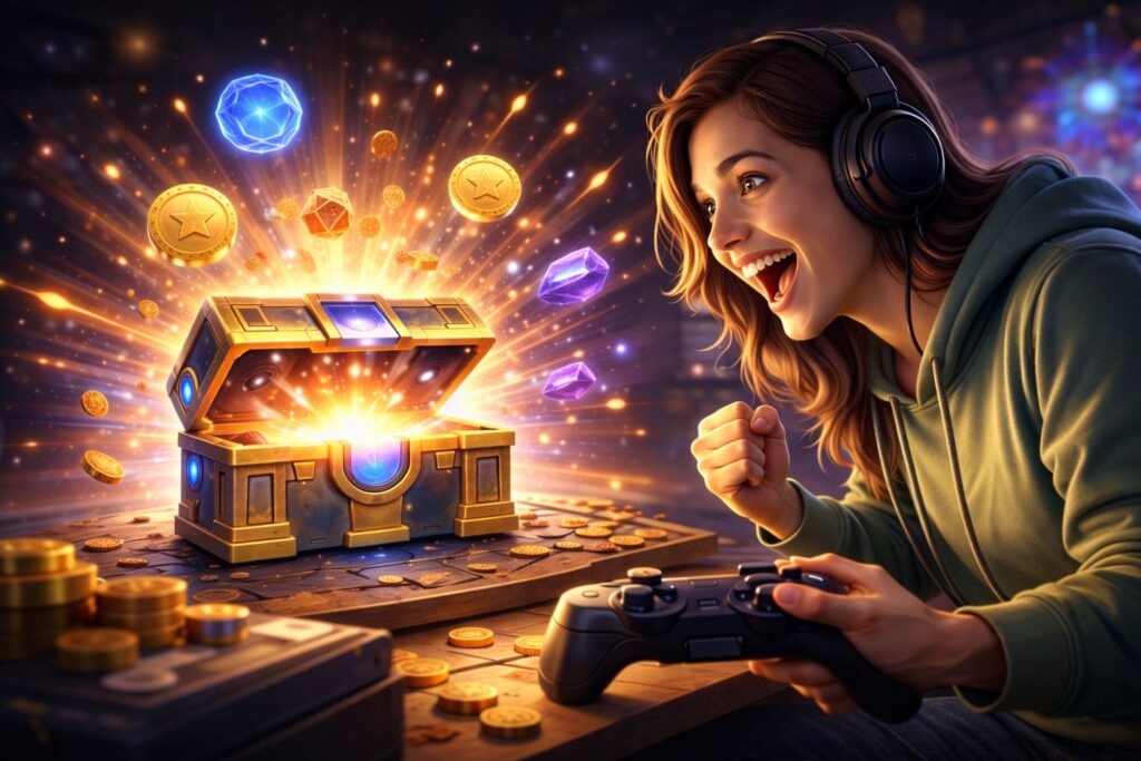 Spielerin reagiert emotional auf eine zufällige Belohnung aus einer Lootbox in einem Videospiel