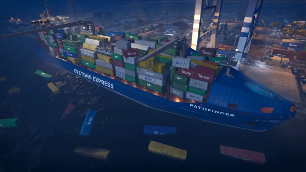 Containerschiff wird im Hafen Docked mit Kränen entladen