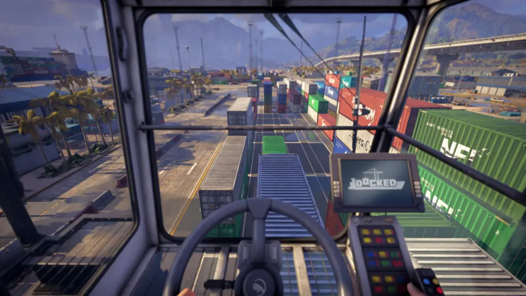 First-Person Ansicht im Kran Cockpit beim Containertransport