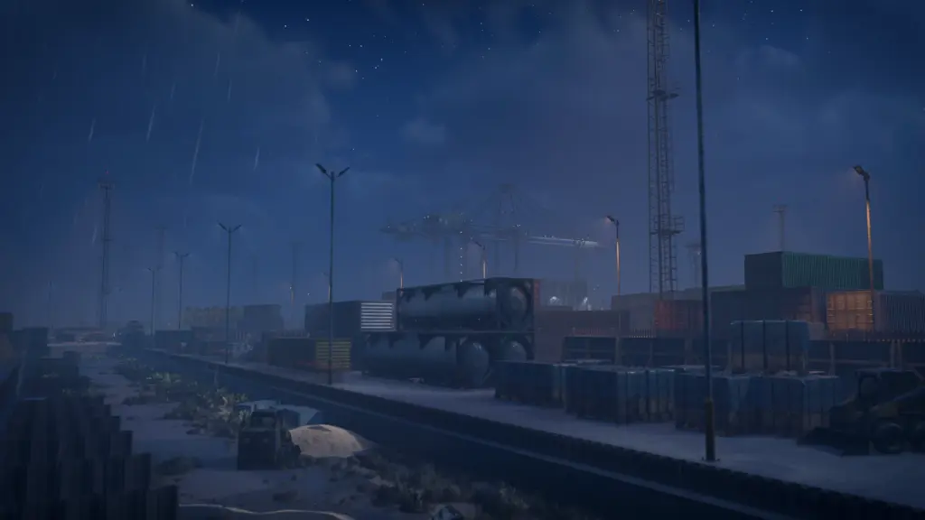 Containerhafen bei Nacht mit Regen und Beleuchtung in Docked