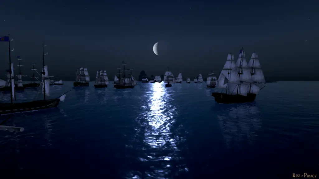 Mehrere Segelschiffe bei Nacht auf dem Meer im Mondlicht