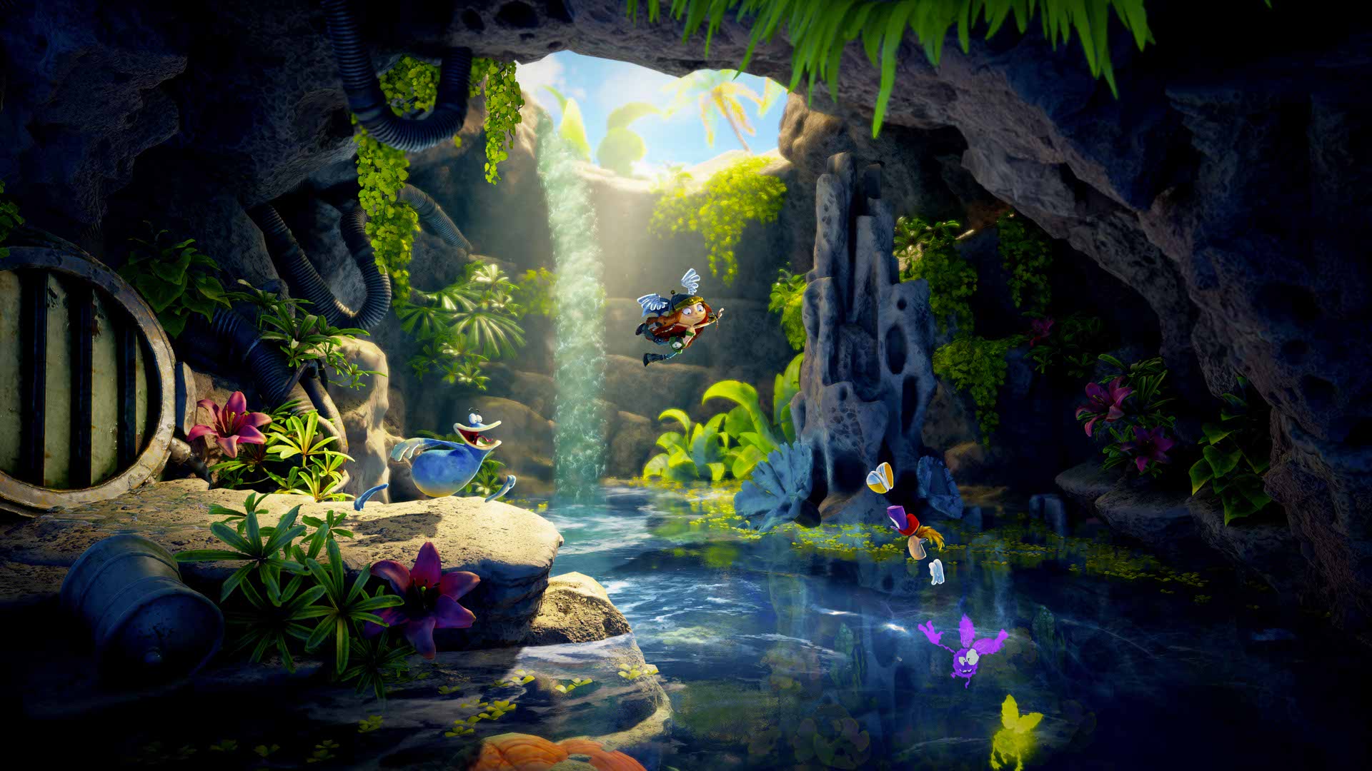 Rayman in Rayman Legends Retold während einer Plattform-Passage in einer farbenfrohen Spielwelt