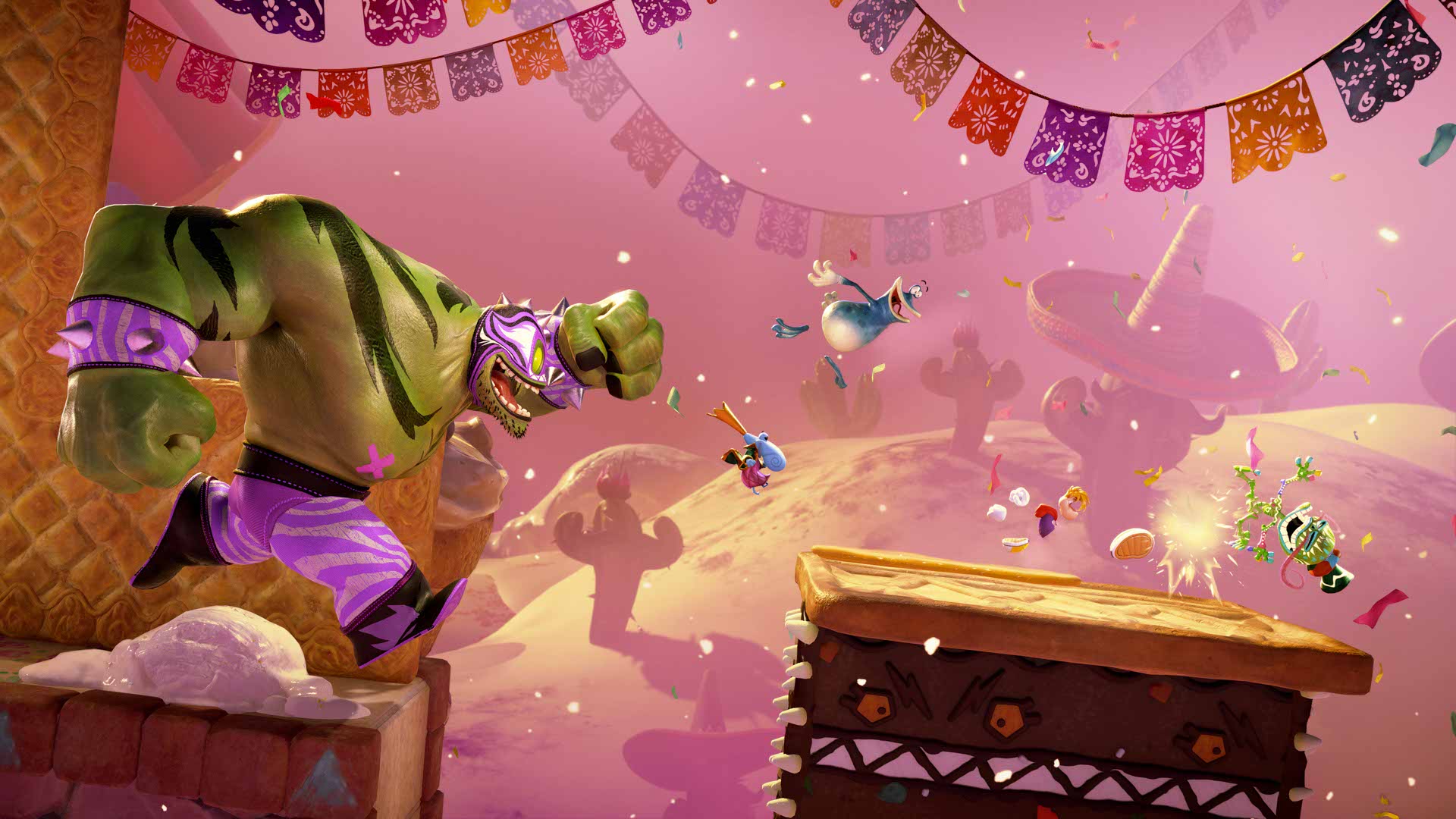 Rayman Legends Retold während einer schnellen Verfolgungs- und Plattform-Passage im Abschnitt Lucha Chase