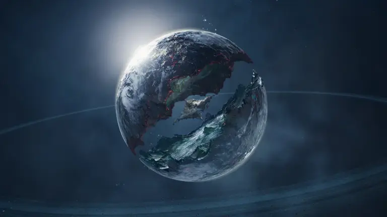 Alt-Text: Die zerbrochene Welt Atreia aus AION 2 vor dunklem Weltraumhintergrund