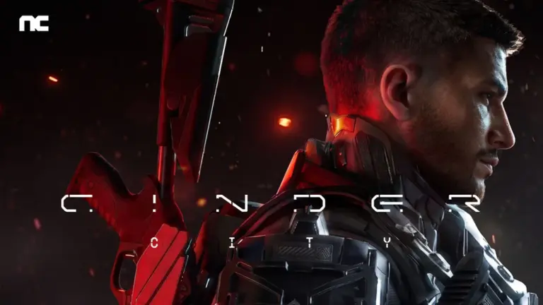 Cinder City Keyart mit Seven und futuristischer Ausrüstung