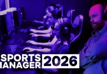 Esports-Team an einer PC-Reihe unter violettem Licht mit dem Logo von Esports Manager 2026