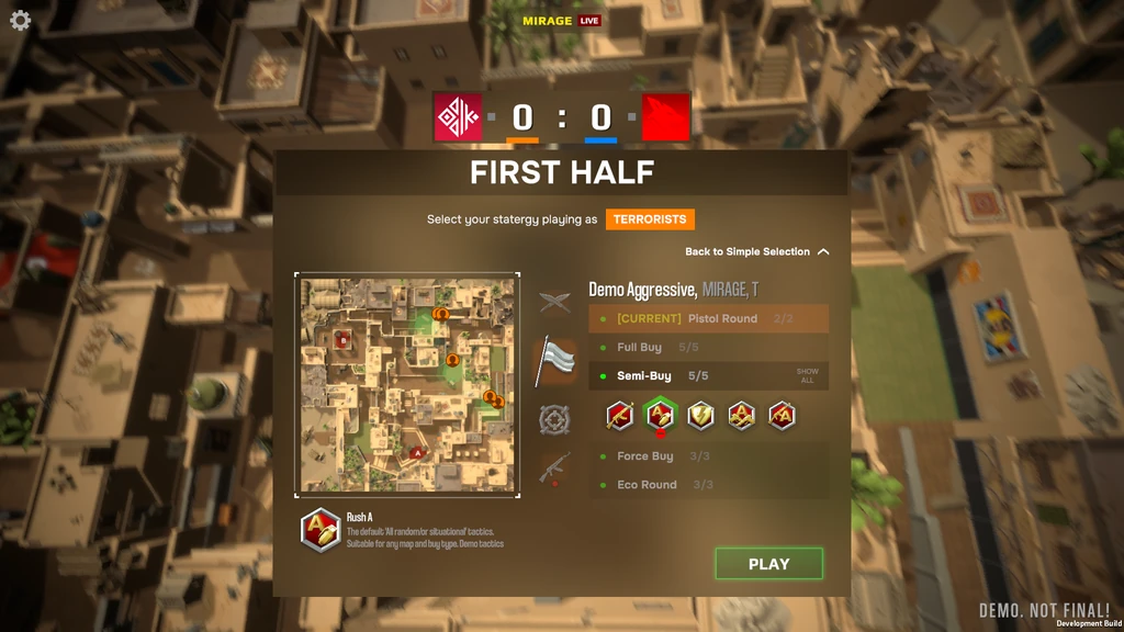Strategieauswahl vor der ersten Halbzeit auf Mirage mit Spielstand 0 zu 0 und Kartenansicht
