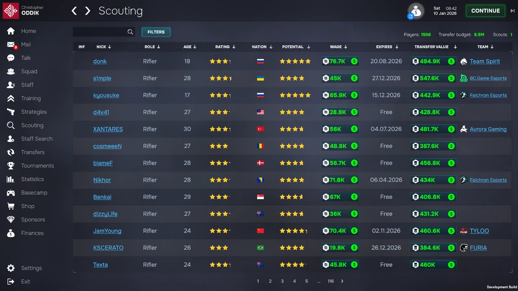 Scouting-Tabelle mit Spielernamen, Rollen, Alter, Potenzial, Gehalt, Vertragsende und Transferwert