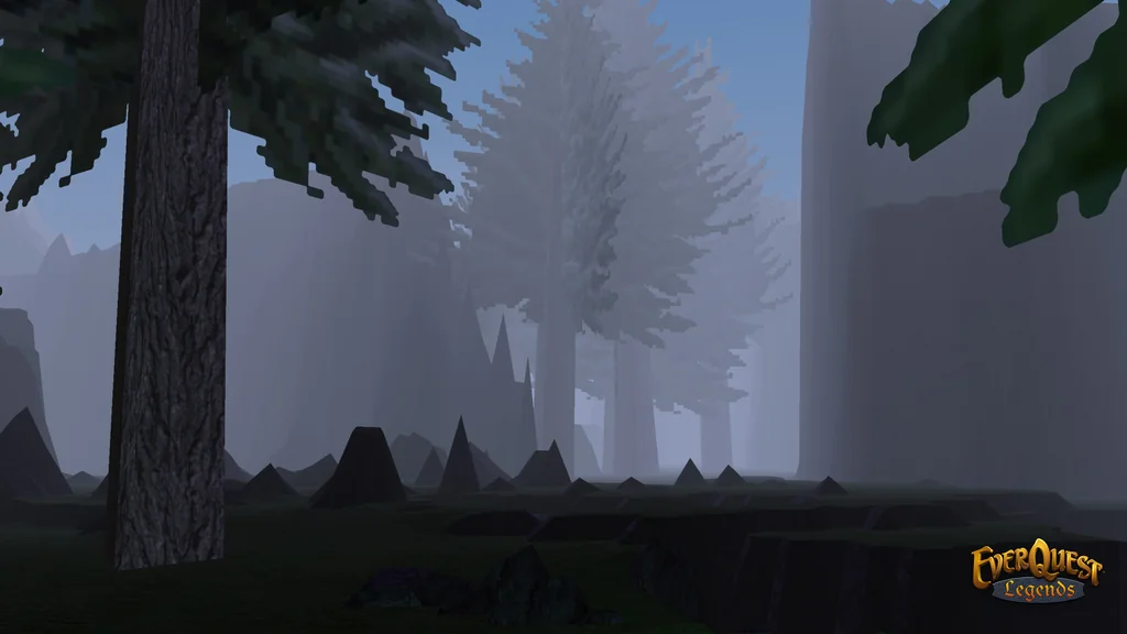 Hohe Nadelbäume im Nebel bei Lake Nerius in EverQuest Legends