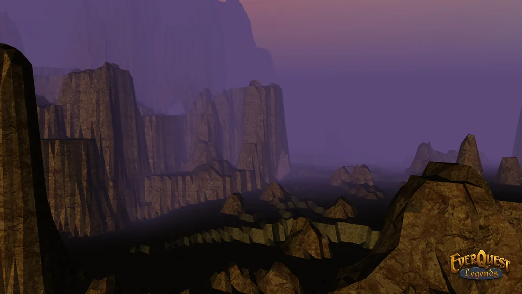 Felsige Schluchten der Rujarkian Hills unter einem violetten Himmel