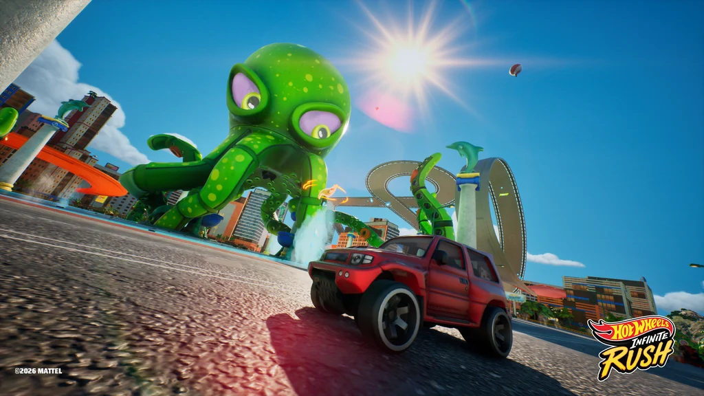 Rotes Hot-Wheels-Auto vor einer großen grünen Krakenfigur