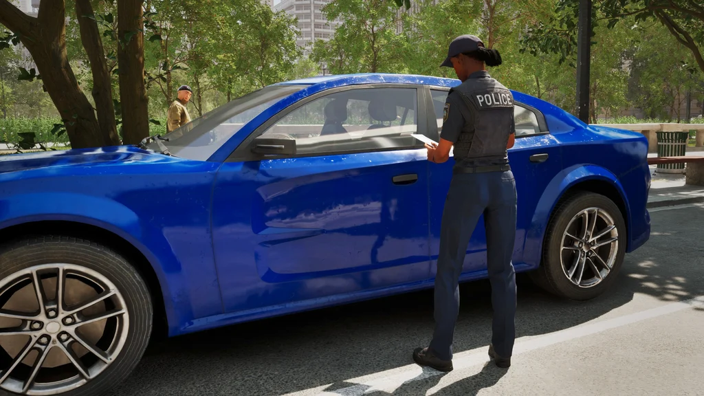 Polizeibeamtin kontrolliert einen Fahrer in Police Simulator