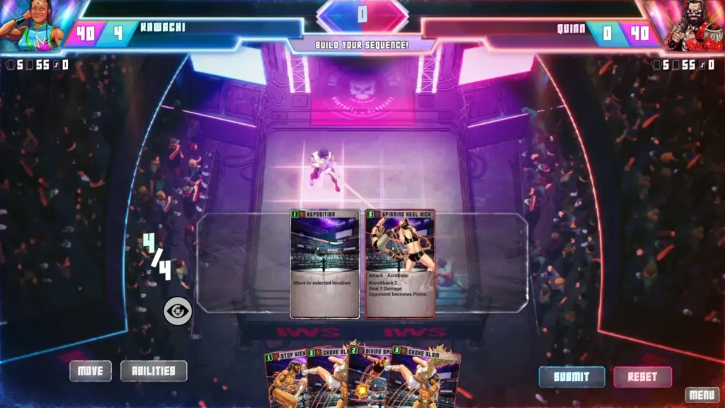 Gameplay-Szene aus SLAMAVERSE! mit Karten und Wrestling-Ring