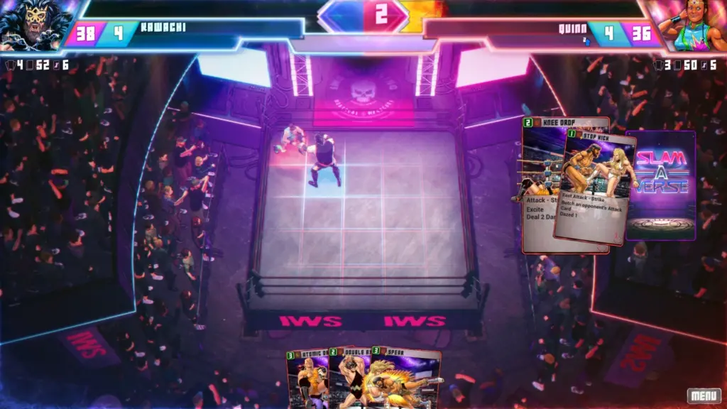 Wrestling-Match in SLAMAVERSE! mit eingeblendeten Karten