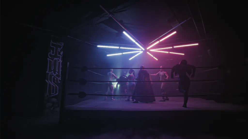 Wrestling-Ring mit atmosphärischer Beleuchtung im SLAMAVERSE!-Umfeld