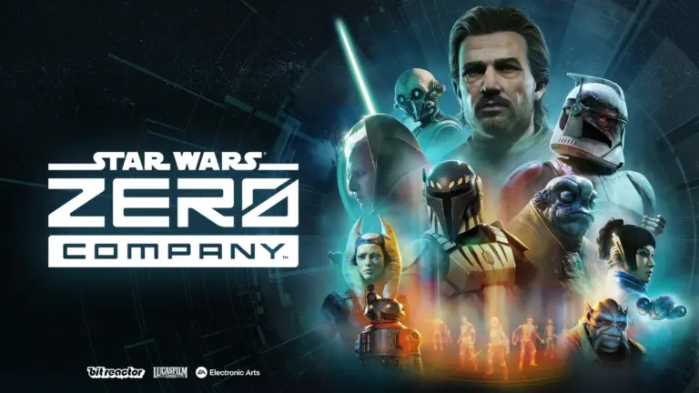 Offizielles Key Art von STAR WARS Zero Company mit Hawks und weiteren Figuren neben dem Spiellogo