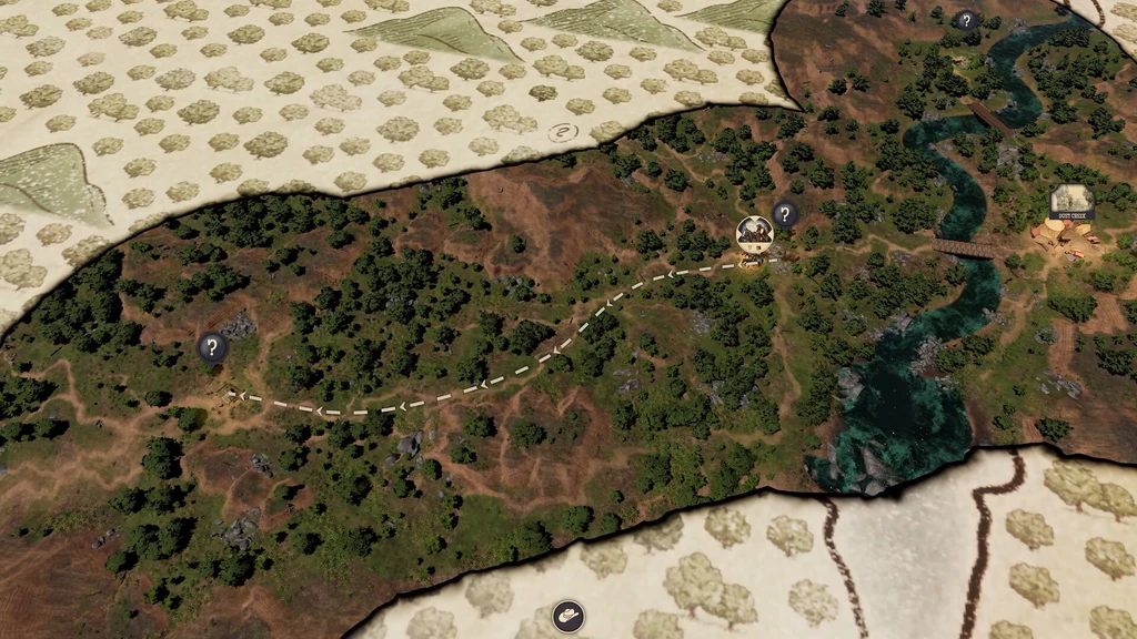 Weltkarte mit Entdeckungsorten, einer gestrichelten Route und Dust Creek in Wild West Pioneers
