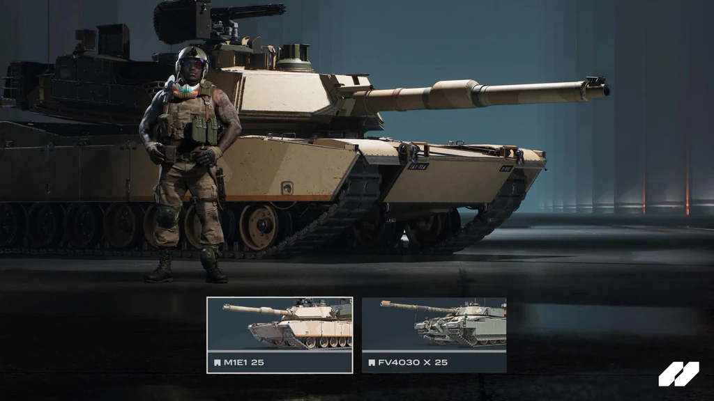 Ein Agent steht neben einem Kampfpanzer; darunter sind zwei Fahrzeuge auswählbar.