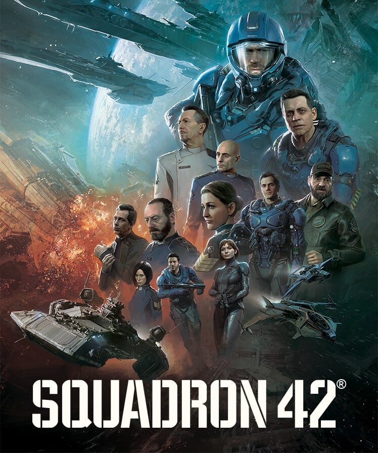 Squadron 42 Keyart mit Hauptfiguren, UEE-Soldaten und Raumschiffen